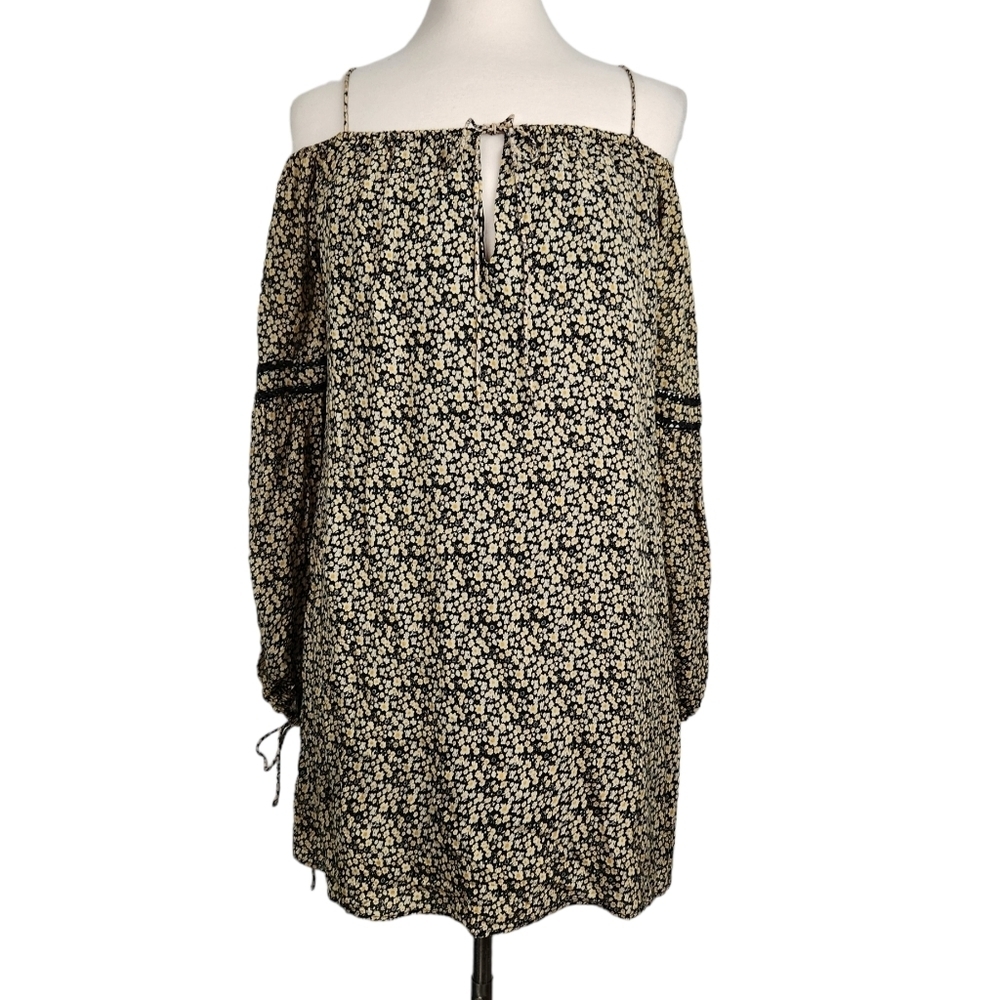 Zara Trafaluc Micro Floral Print Boho Open Shoulder Tunic Dress Size Small
